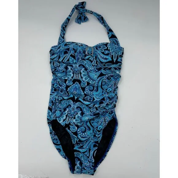 Spanx Assets By Sara Blakely Blue Paisley Halter One Piece Swimsuit Size Small - Picture 1 of 11
